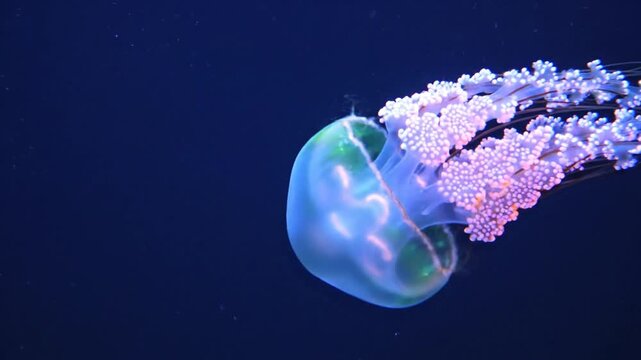 Vibrant blue jellyfish with glowing tentacles swimming in dark water