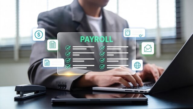 Modern payroll management system on laptop screen,human resources specialist processing salary payments and employee benefits,financial administration and compliance workflow concept