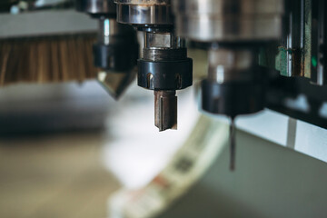 Close Up of CNC Woodworking Machine Cutting Timber in Modern Industrial Factory, Automated Wood Manufacturing Technology and Precision Engineering Process