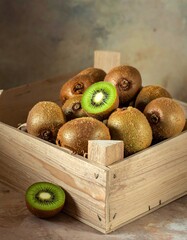 A wooden crate overflowing with fresh kiwis on a rustic surface