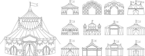 Obraz premium Circus Tent and Festival Pavilion Line Art Icon Set with Decorative Carnival Structures for Event Design, Entertainment Branding, and Fair Illustration