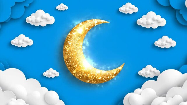 Golden Crescent Moon Surrounded by Fluffy White Clouds on a Vibrant Blue Sky.
