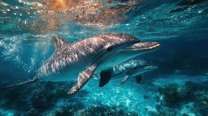 Fototapeta premium Animal summer holiday vacation travel photography banner background showing wild dolphin swimming gracefully in deep blue ocean sea water with sunlight filtering through surface. 