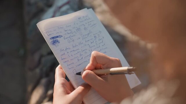 Personal journal snapshot. Handwritten notes on textured paper. Intimate reflection captured on notebook page. Detailed view of personal diary with handwritten entries and gentle hair focus