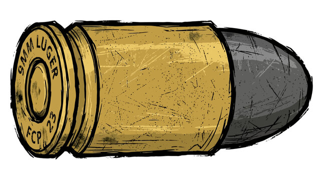 9mm Luger bullet cartridge, metallic, industrial design