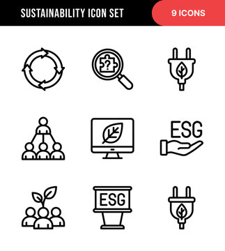 Outline Handdrawn Sustainability Icon Set with ESG and Renewable Energy Concept