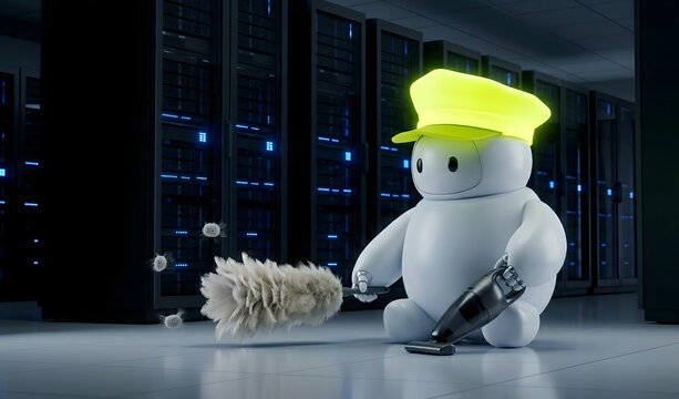 Cute AI security robot cleaning server room with feather duster and vacuum, system maintenance and optimization concept, 3D render