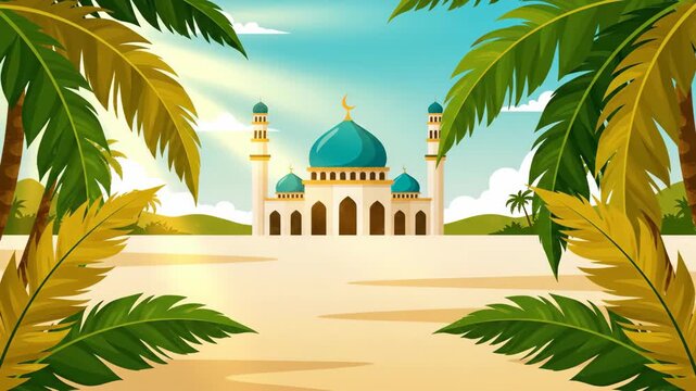 Beautiful Mosque With Palm Trees Under Sunny Sky.