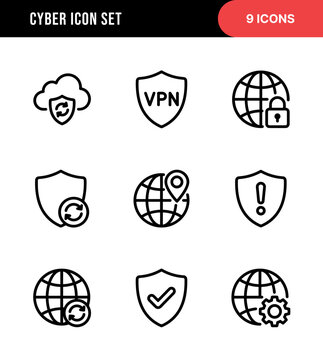 Simple Outline Cyber Security Icons Set with Cloud, Shield and Globe