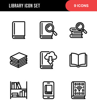Line Art Library Element Icon Set for Learning and Knowledge Resource