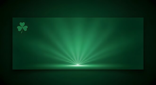 Green radiant background with shamrock clover and glowing light.