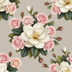 Seamless pattern of pink roses and white flowers with green leaves on a beige background, featuring a mix of blooms and buds.
