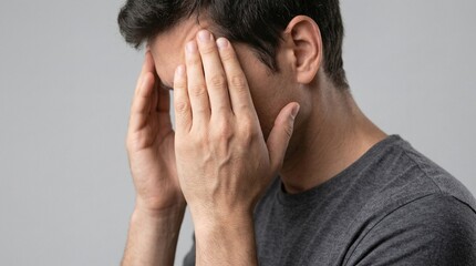 Fototapeta premium Young man experiencing severe headache or profound stress, clutching his head in pain. Modern health awareness concept for mental and physical well-being