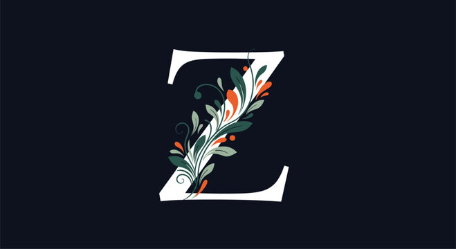 Decorative white letter Z featuring elegant floral scrollwork and orange botanical details set against a solid dark navy background.