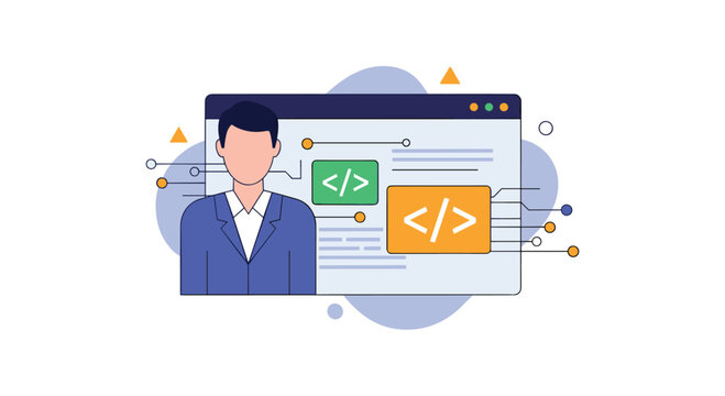 Professional web developer profile showing a man in a blue suit with various coding tags and user interface elements for recruitment.