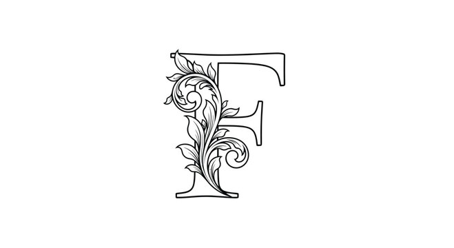 Ornate capital letter F with intricate floral line-art flourishes and leafy scrollwork designs in a classic vintage style on white.
