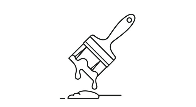 Angled paintbrush dripping a single drop of paint onto a small pile on a flat surface in a clean minimalist line-art style.