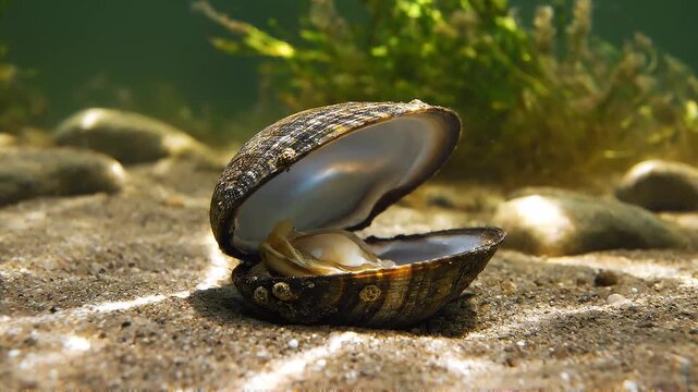 Freshwater mussel shell on riverbed.