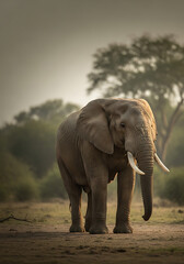 Fototapeta premium A majestic African elephant with grand tusks stands powerfully on sun-kissed plains, bathed in the warm, golden glow of dawn or dusk, capturing the untamed beauty of its wild habitat