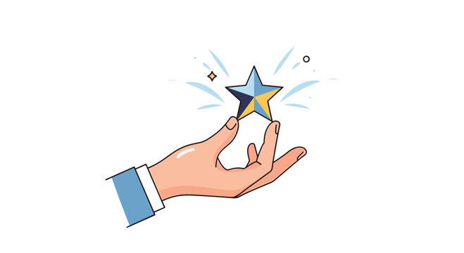 Hand reaching out to touch or hold a shining star representing success, achievement, and reaching for goals.