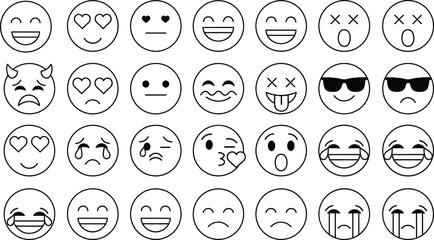 Set of outline emoji icons featuring various facial expressions including happy, sad, laughing, heart eyes, cool sunglasses, crying, and surprised faces.