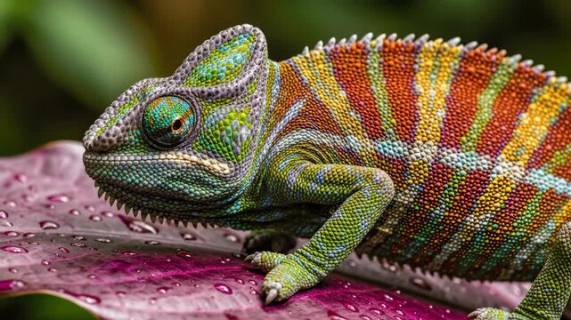 A colorful chameleon rests on a dewy purple leaf, showcasing its vibrant scales and intricate patterns in nature.