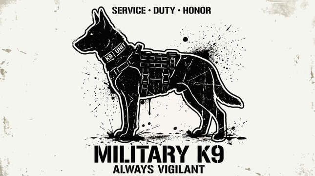 Military K9 dog, black silhouette, service, duty, honor, always vigilant