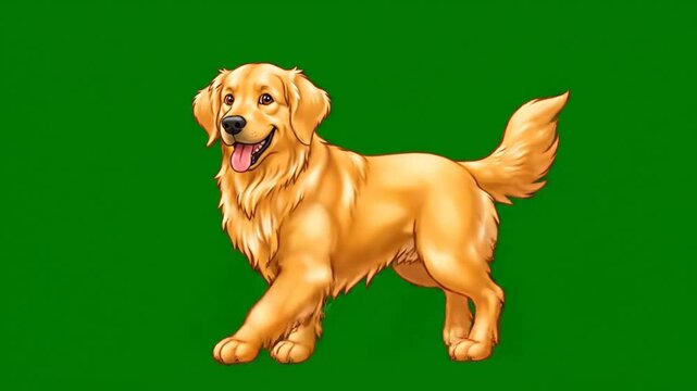A cartoon-style depiction of a golden-colored dog walking on a vivid green background, tongue out and expressive eyes