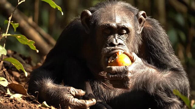 A curious chimpanzee eating an orange fruit in a sunlit forest habitat