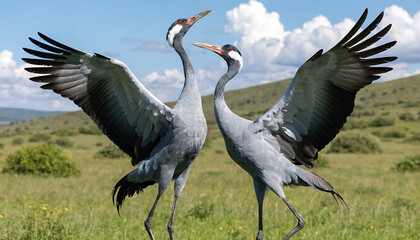 Fototapeta premium Two blue cranes performing mating dance in green savanna with clouds