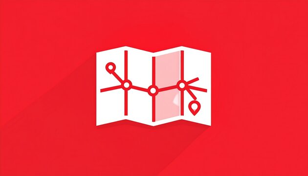 A white, folded map icon with a route plotted on a vibrant red background, suggesting travel and direction