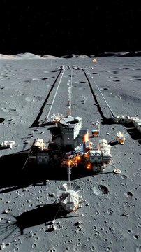 lunar surface with robotic lander array, showing rover and instrument module stationed in cratered terrain, long antenna casting deep shadows, glowing instrument lights hinting active
