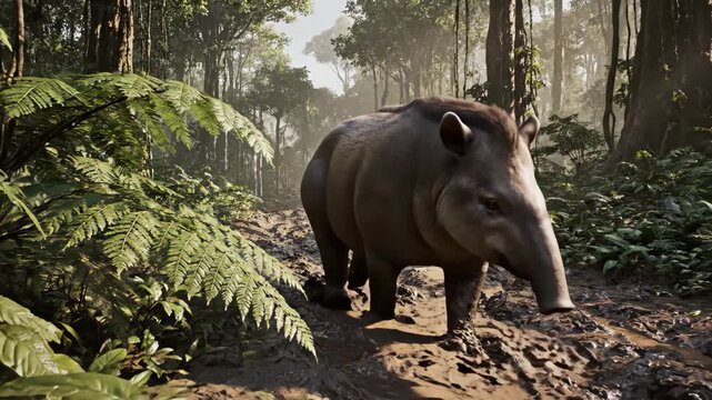 A large tapir walks along a muddy forest path surrounded by lush green foliage and tall trees