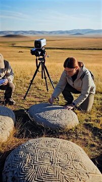 Researchers documenting carved stones on steppe using tripod camera for photogrammetry, kneeling scientists examining circular carved motifs, warm sunlit plains and distant hills, careful