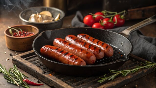 Four Plump Smoked Grilled Sausage Links in a Cast Iron Pan