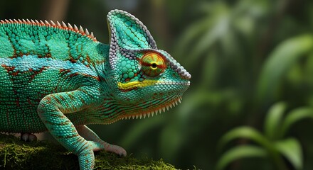 Fototapeta premium A vibrant green chameleon perched on a mossy branch in a lush forest environment.