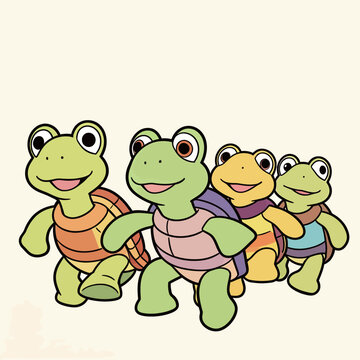 Four cartoon turtles walk side by side with smiles on their faces. They wear different colored shells and seem happy.