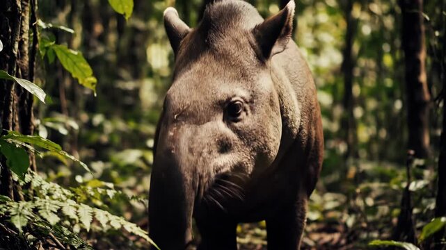 Brown tapir emerges from lush green forest foliage, showcasing its curious gaze and prehensile snout.
