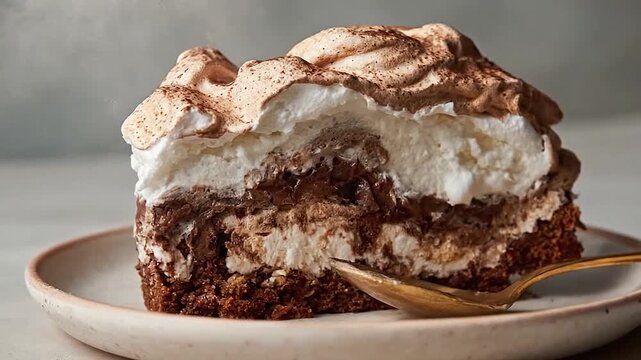Delicious slice of layered chocolate cake with meringue topping and cocoa