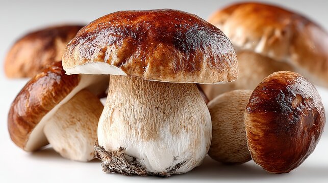 Forest mushrooms Boletus edulis king bolete penny bun cep porcini isolated on clean background showing wild edible fungi with brown thick stem and convex cap.