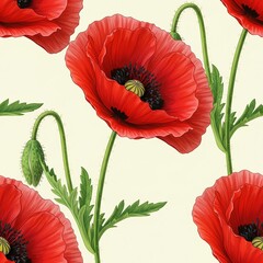 Vibrant red poppy flowers with green stems and leaves on a light beige background in a floral pattern.