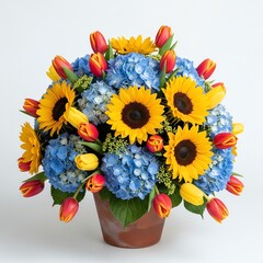 Vibrant bouquet of sunflowers, blue hydrangeas, and tulips in a terracotta pot on a plain white background with bright and cheerful mood.