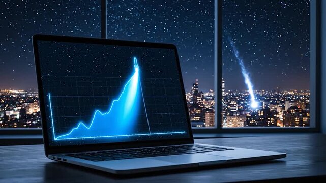 Laptop displays a rocket-like graph soaring into the night sky over a city