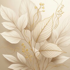 Illustration of beige leaves and golden stems with small yellow flowers against a beige background in a floral design.