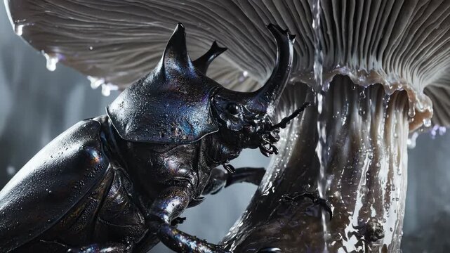 Intricate rhinoceros beetle explores a damp mushroom, showcasing nature's detailed artistry.
