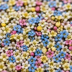Close-up view of a colorful mix of small, delicate flowers in pink, blue, yellow, and white hues with blurred background.