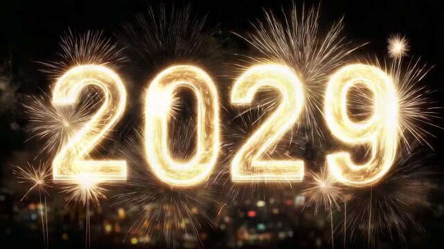 Celebration of New Year with sparkler numbers marking the year 2029