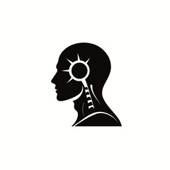 A black silhouette of a human head with a light bulb shape in the brain area represents thoughts and creativity. This design highlights ideas.