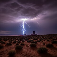 Dramatic desert landscape with a lightning storm over iconic rock formations and shrubs on reddish-brown terrain under a dark, cloudy sky.