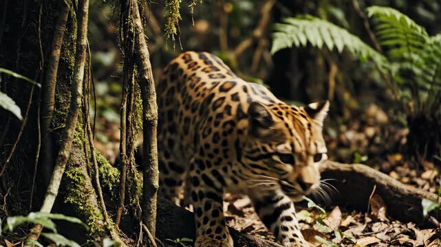 Majestic Ocelot Emerges from Lush Forest Undergrowth, Alert and Stalking Prey